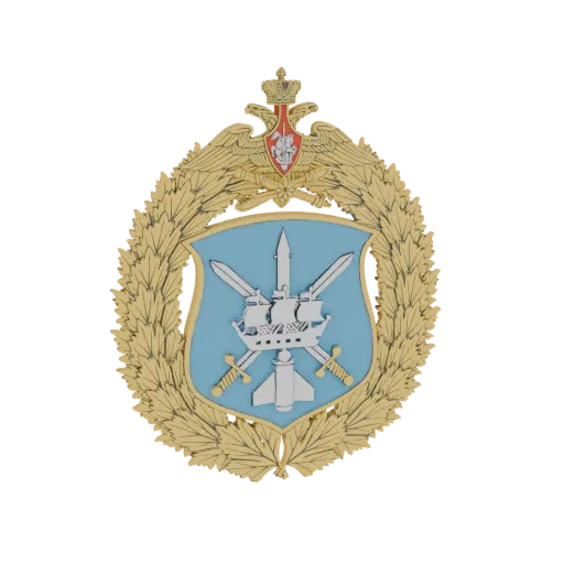 3D model of the Russian Ministry of Defense emblem, featuring a golden laurel wreath, a blue shield with a ship and rocket, a