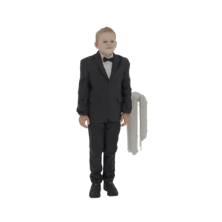 3D-Modell eines jungen Jungen im schwarzen Smoking mit weißem Hemd und schwarzer Fliege, stehend vor weißem Hintergrund.