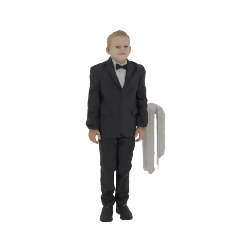 3D model of a young boy in a black tuxedo with a white shirt and black bow tie, standing against a white background.