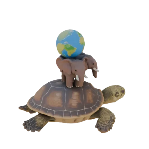 Modèle 3D de la Terre portée par trois éléphants debout sur la carapace d'une grande tortue, sur fond blanc.