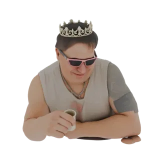 3D model of a king wearing a crown and pink sunglasses, holding a cup, with a grey sleeve on his right arm.