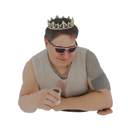 3D model of a king wearing a crown and pink sunglasses, holding a cup, with a grey sleeve on his right arm.