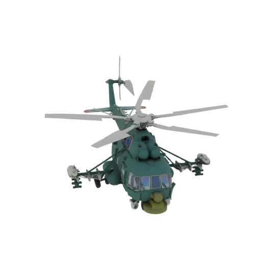 3D model of a green military attack helicopter with a prominent gun pod, viewed from a slightly elevated front angle.