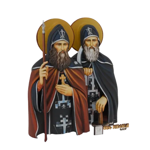 3D model of an Orthodox icon showing two saints, one with a staff and the other with a sword, against a black background.