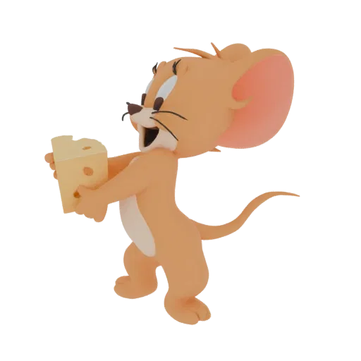 3D model of Jerry the mouse from Tom and Jerry, happily holding a wedge of Swiss cheese.