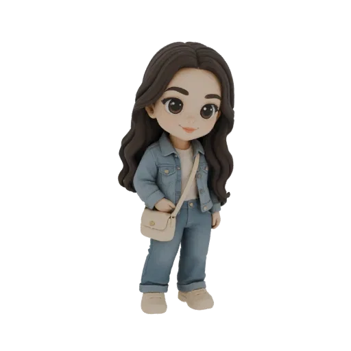 3D model of a cute chibi girl with long brown hair, wearing a denim jacket, jeans, and a crossbody bag, standing against a wh