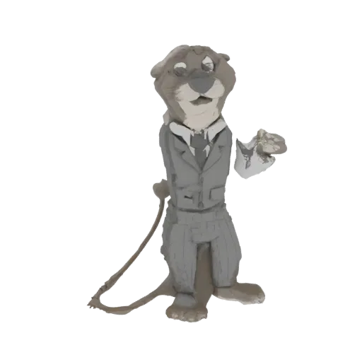 3D model of a dapper otter wearing a grey suit and tie, holding a piece of paper in its paw.