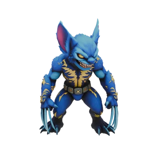 3D model of a blue, furry creature with large ears, sharp claws, yellow lightning patterns, and an X-Men belt, standing in an