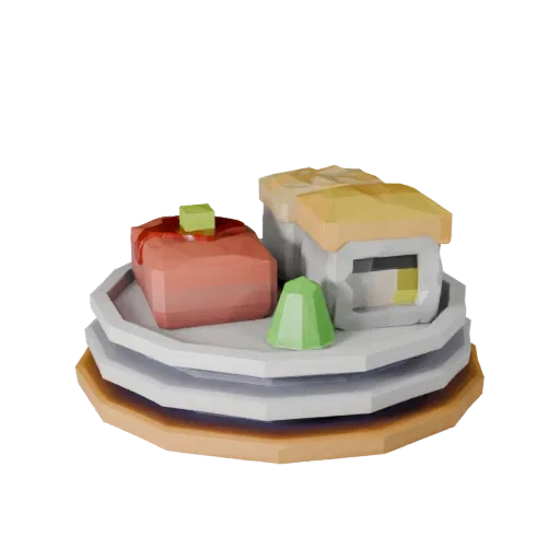 Restaurant Sushi Set Low Poly 3D model, game viewport three-quarter view, showing sauces, plated composition.