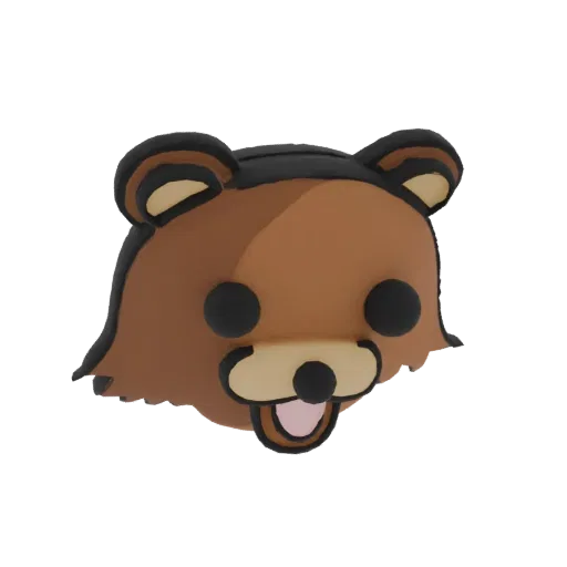 3D model of a cute, stylized bear head with large black eyes, a pink tongue, and brown fur.