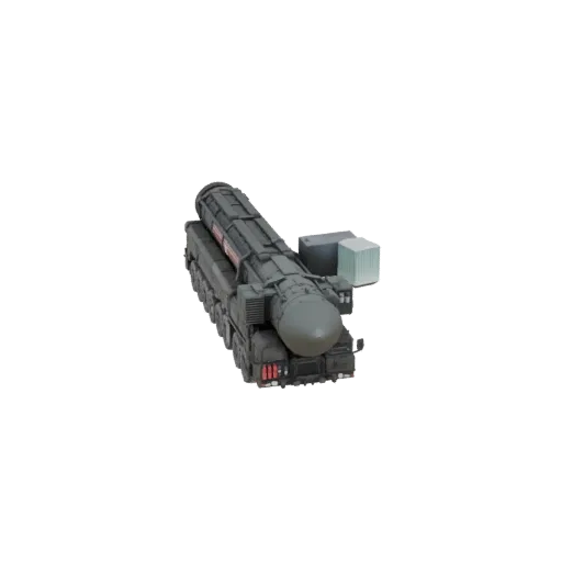 3D model of a large, grey, multi-wheeled mobile ICBM launcher with a missile on top, set against a black background.