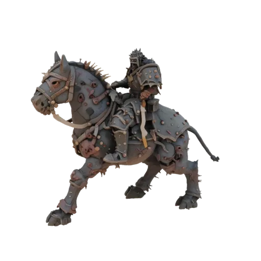 Modelo 3D de cavaleiro sombrio em armadura espinhosa sobre cavalo monstruoso com pele descascada e restos de armadura, sobre