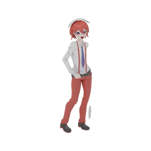 3D model of an anime boy with red hair, white shirt, blue tie, and red suspenders, posing confidently.