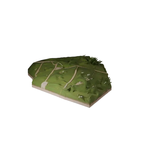 Alpine Meadow Slope Unreal Engine 3D model, top-down viewport view, showing layered soil, layered vegetation clusters.
