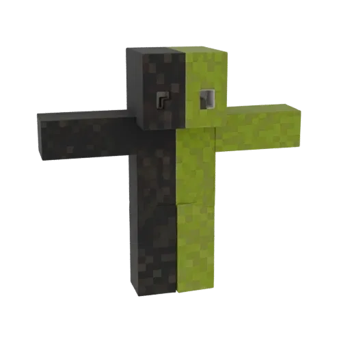A 3D render of a blocky character with one half black and the other lime green, arms outstretched.
