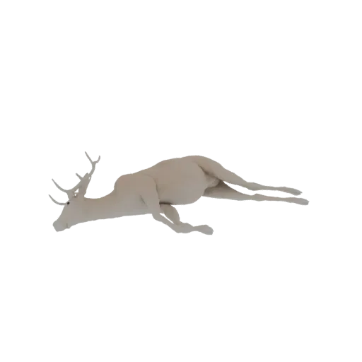 A 3D model of a light-colored deer lying down, with its head turned to the side and antlers visible.