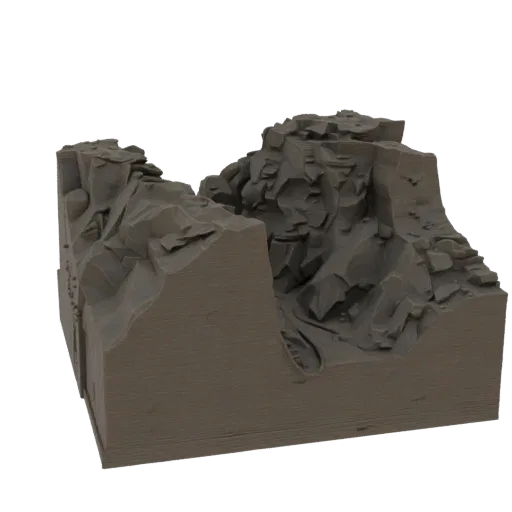 Rocky Canyon Pass Printable 3D model, isometric tabletop STL render, showing layered soil, dune ridges.