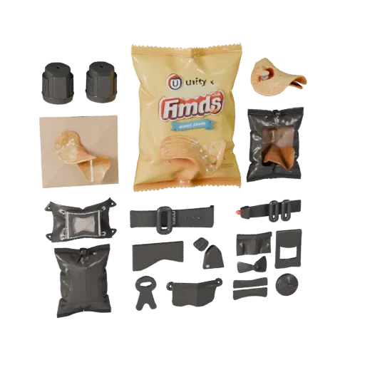Snack Chip Bag 3D model, three-quarter front view, Unity viewport, showing cardboard, package massing.