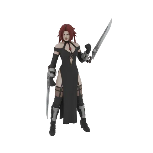 3D model of a dark sorceress with red hair, wearing a black dress and holding two swords, posed dynamically.