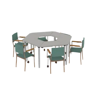 3D model of an octagonal outdoor dining table with six teal chairs with wooden armrests, set against a black background.