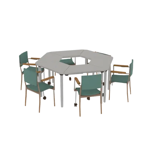 3D model of an octagonal outdoor dining table with six teal chairs with wooden armrests, set against a black background.