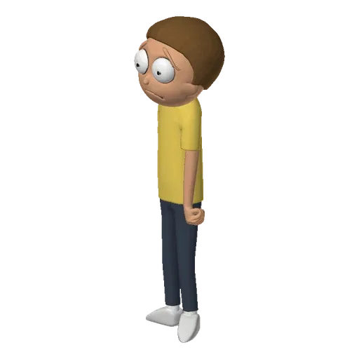 3D model of Morty Smith from Rick and Morty, looking worried with wide eyes, wearing his yellow t-shirt and blue pants.