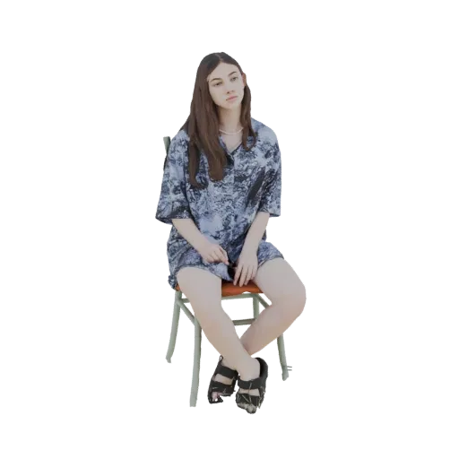 3D model of a young woman with long brown hair, wearing a blue patterned shirt and black sandals, sitting on a chair.