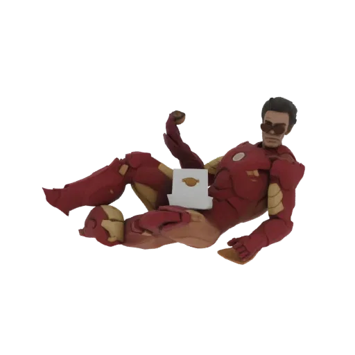 3D model of Iron Man in a relaxed, lounging pose, wearing sunglasses, with his red and gold armor detailed.