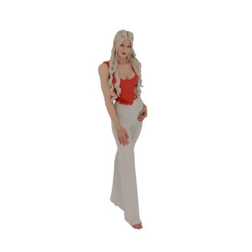3D model of a woman with blonde hair, wearing a red top and white flared pants, standing with one hand on her hip.