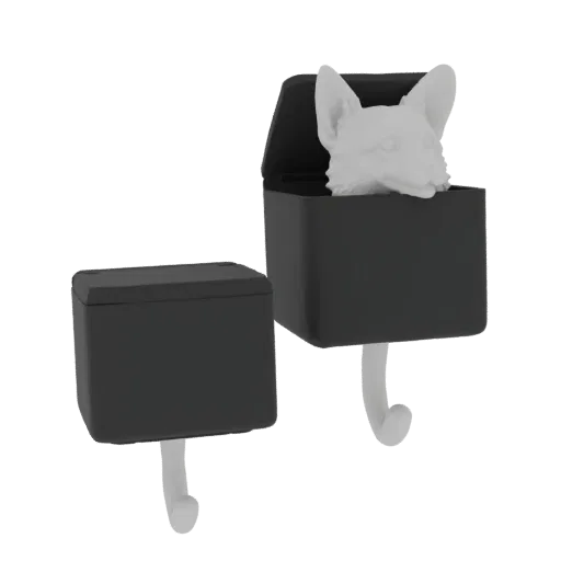 3D model of a black box with a white Corgi head peeking out, featuring a hook underneath.