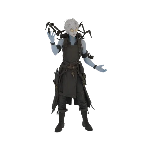 3D-Modell eines Steampunk-Alchemisten mit blauer Haut, weißen Haaren, Brille, Werkzeug-Schürze und mechanischen Spinnen-Anhän