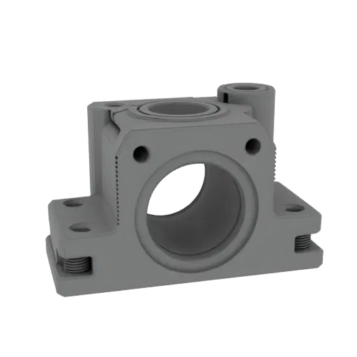 Modèle 3D Bloc Roulement Usiné Imprimable, rendu STL isométrique, montrant métal usiné, géométrie de pièce précise.