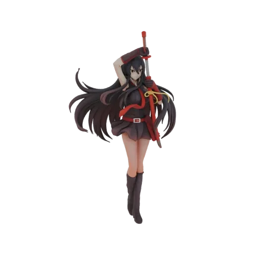 3D-Modell von Akame aus Akame ga Kill, eine weibliche Anime-Figur mit schwarzen Haaren, die ein rotes Katana hält.
