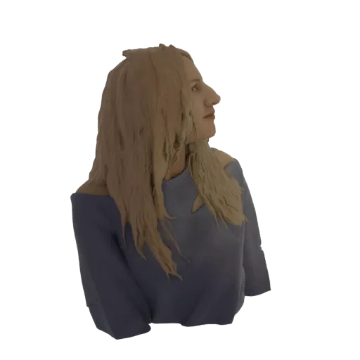 3D-Modell-Rendering einer Frauenbüste mit langem, fließendem blondem Haar und einem schulterfreien blauen Oberteil, von der S