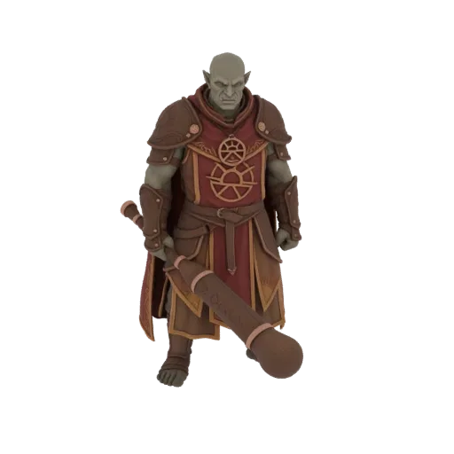 Modelo 3D de Chefe Orc de pele verde com armadura vermelha e marrom e uma grande maça de madeira.