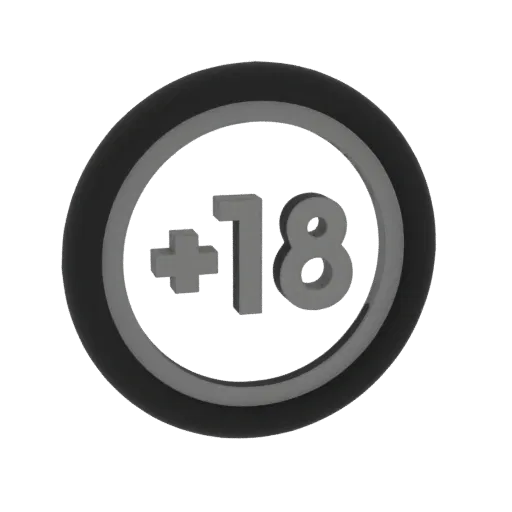 3D model of a gray '+18' age rating symbol inside a black and gray circular border, isolated on a white background.