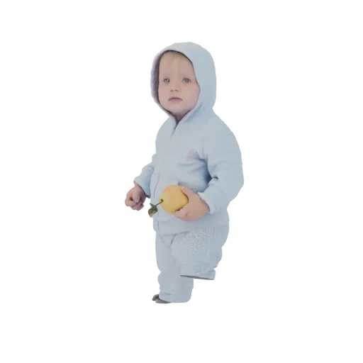 Modelo 3D de un bebé con sudadera azul y pera amarilla, mirando ligeramente a un lado.
