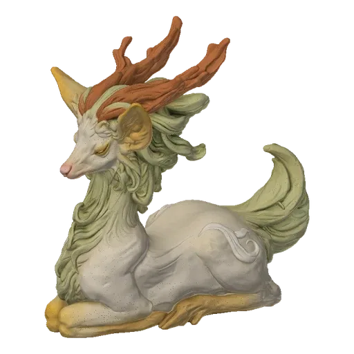 Modelo 3D de guardião mítico da floresta com pelo claro, galhadas marrons e crina verde pálida, descansando pacificamente.