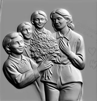 Modello 3D bassorilievo "Madre e figli con fiori", raffigurante una madre che abbraccia i figli con un bouquet di fiori.