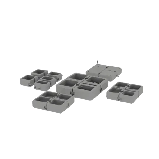 3D model of a modular grid storage system with multiple interlocking square and rectangular compartments arranged in a scatte