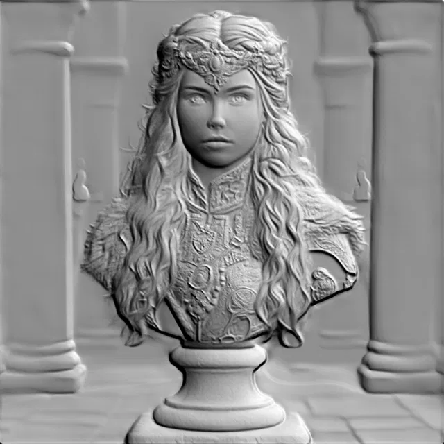 3D model of "Girl with Diadem" bas-relief in antique style, with detailed hair and ornaments.