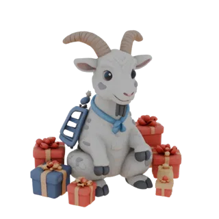 3D model of a white goat in a blue scarf, sitting among red and blue Christmas gifts, with a blue backpack on its back