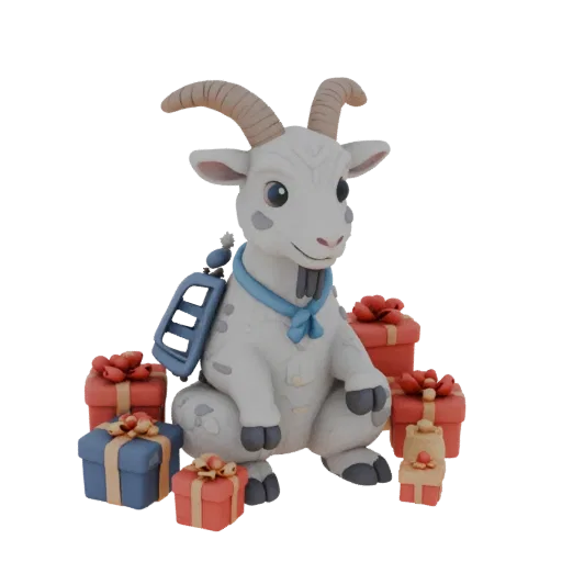 3D model of a white goat in a blue scarf, sitting among red and blue Christmas gifts, with a blue backpack on its back
