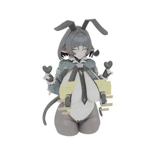 3D model of a cute anime-style bunny girl character holding heart charms, with gray hair, bunny ears, and a detailed outfit.