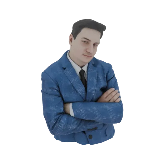 3D model of a man in a blue plaid suit with arms crossed, looking slightly down.