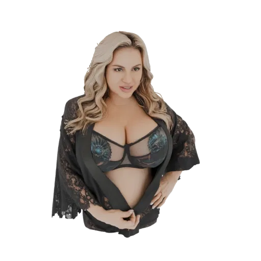 3D model of a woman wearing a black lace robe and matching lingerie, with blonde hair and a confident expression.