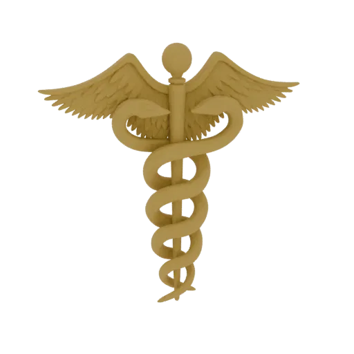 A golden 3D model of the Caduceus symbol, featuring a staff with two entwined snakes and a pair of wings at the top, set agai