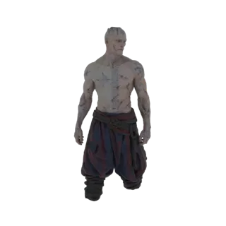 Modèle 3D d'un guerrier cicatrisé à la peau pâle, portant un pantalon rayé rouge foncé et bleu et une ceinture marron, regard