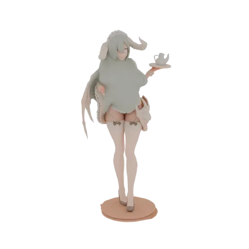 3D model render of a maid bunny girl with bunny ears, wearing a light outfit and stockings, holding a small teapot on a tray.