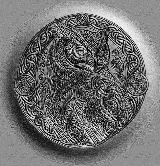 3D model of a Celtic bas-relief featuring an owl surrounded by Celtic-style patterns.